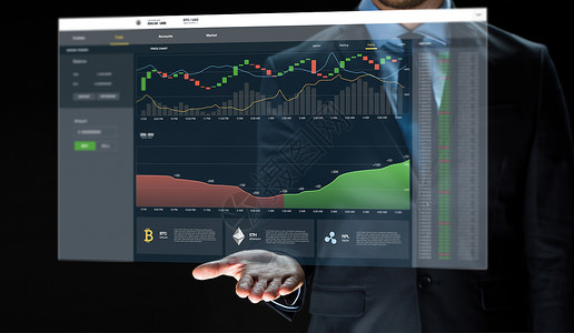 阿尔特阿加密货币,商业技术虚拟屏幕上的商人工作图表虚拟屏幕上加密货币的商人设计图片