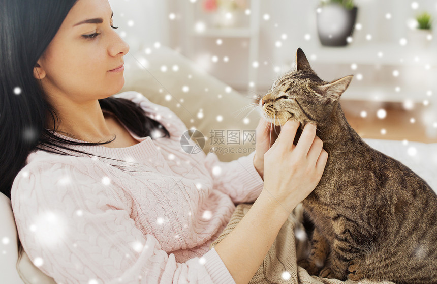 宠物,潮湿冬天的妇女与塔比猫家里的雪床家里塔比猫床上亲密的女人图片