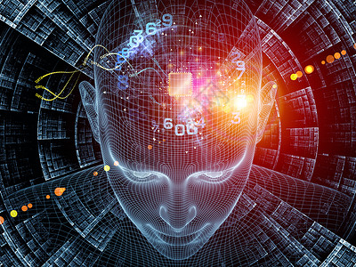 辐射思维系列人类头部线网模型分形图案的三维渲染与人类心灵人工智能虚拟现实的隐喻关系背景图片