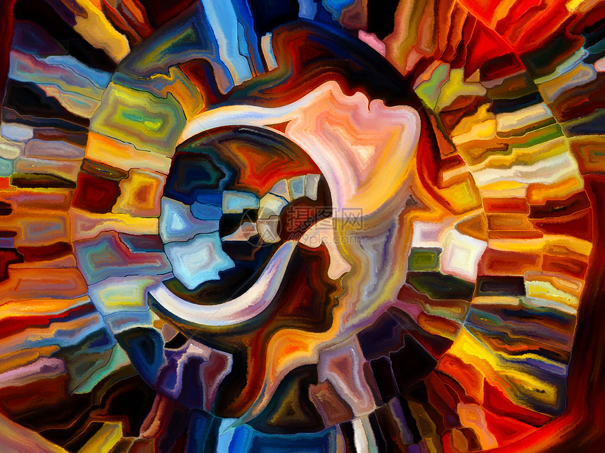 人脸元素的抽象排列,以及适合头脑理思想情感灵项目背景的彩色抽象形状图片