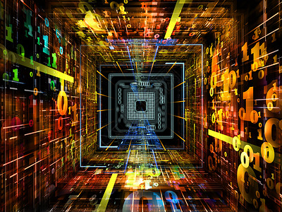 数字隧道系列背景由CPU芯片彩色数字分形元素成,适用于计算机数学科学教育等项目设计图片