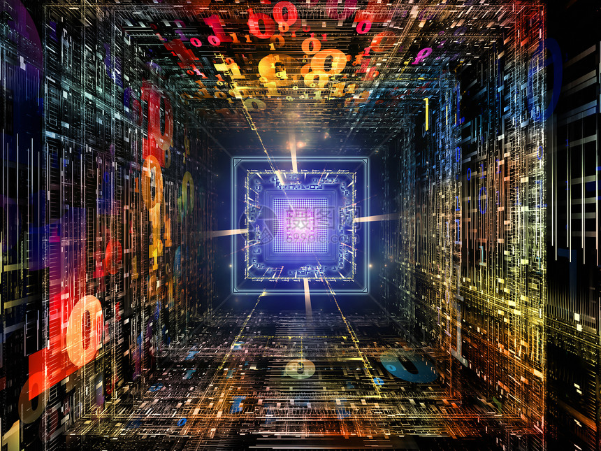 数字隧道系列计算机数学科学教育的CPU芯片背景彩色数字分形元素图片