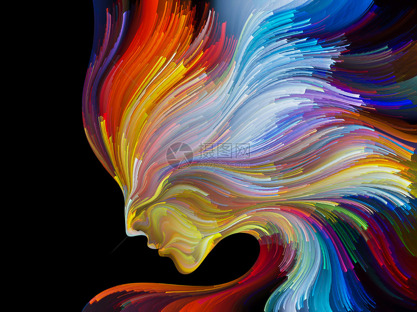 彩色系列的脸创造力内部世界人艺术灵魂的上,排列人类的轮廓五颜六色的动人线条图片