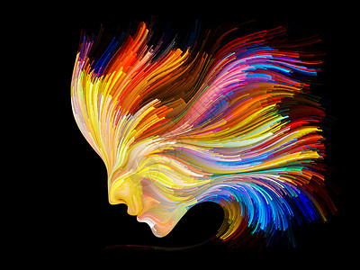 彩色的头发彩色系列的脸创造力内部世界人艺术灵魂的上,排列人类的轮廓五颜六色的动人线条背景