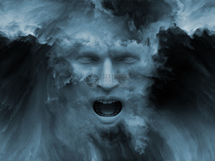 心灵雾系列三维插图由人类的头部与分形颜料混合,用于关于内心世界梦想情感创造力想象力人类心灵的项目图片