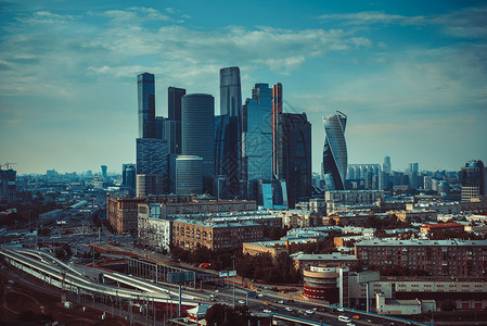 莫斯科城市现代商务中心高楼俯瞰全景复古风格的电影颜色图片