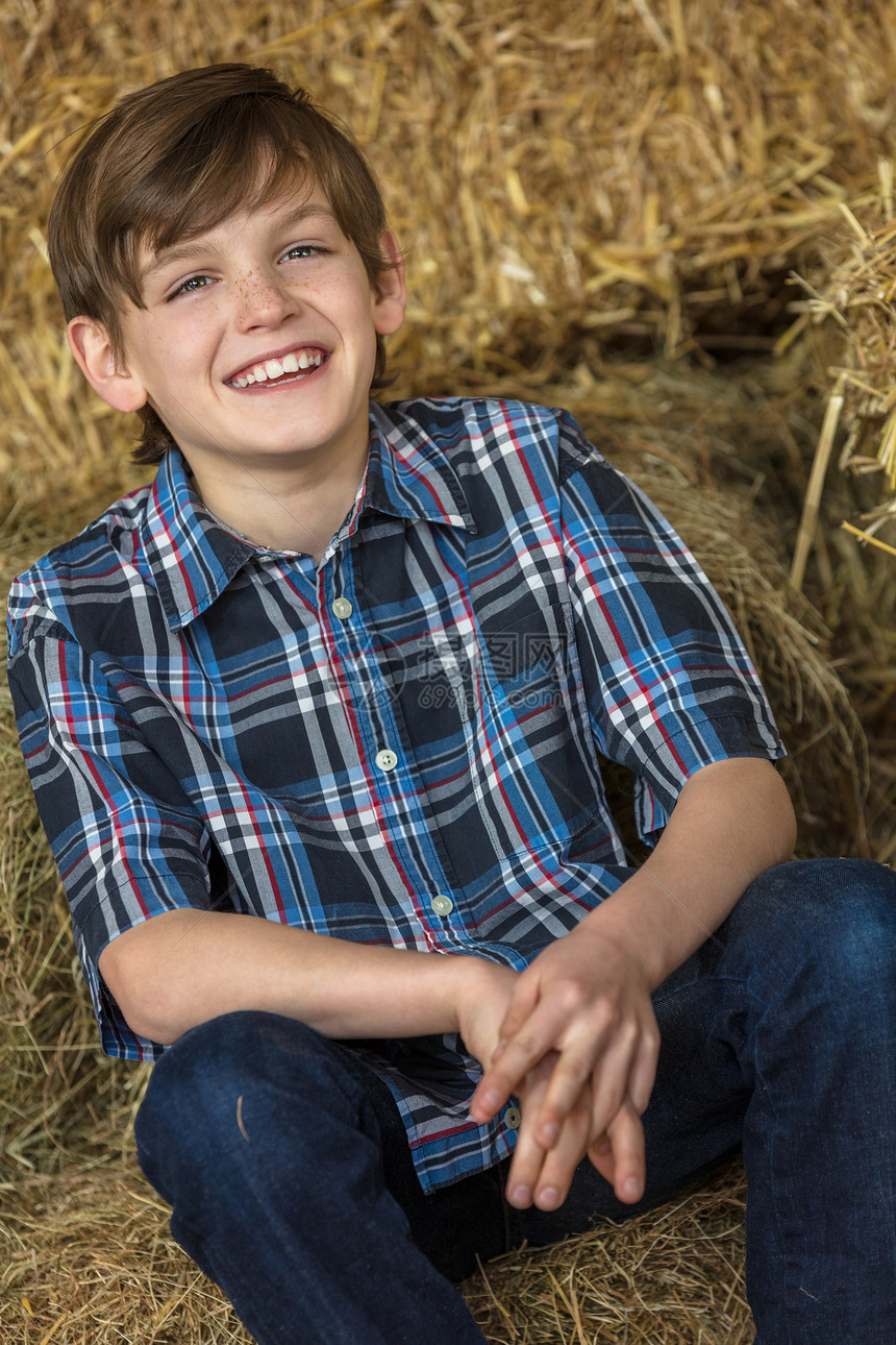 轻快乐的微笑男孩,牙齿完美,穿着格子衬衫,躺干草稻草上图片