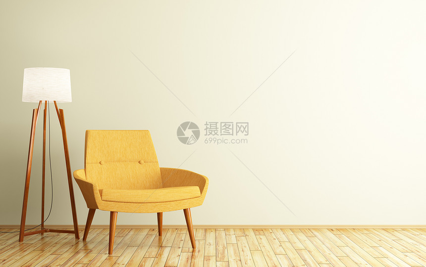 现代客厅内部黄色扶手椅落地灯3D渲染图片