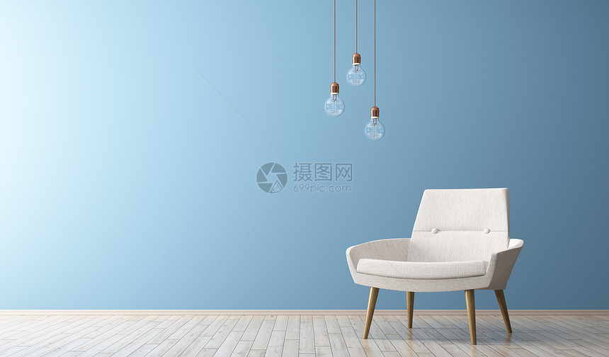 现代室内客厅与白色扶手椅灯泡三维渲染图片