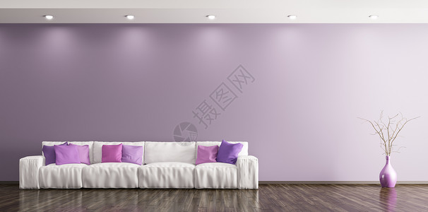 现代室内客厅白色沙发花瓶靠紫墙全景三维渲染图片