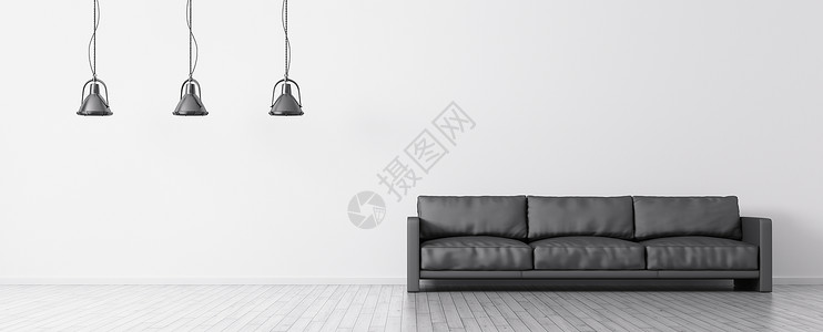 现代室内客厅与黑色沙发灯白墙全景三维渲染背景图片