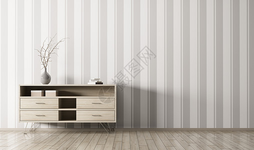 现代室内客厅与木制抽屉胸部条纹壁纸墙三维渲染背景图片