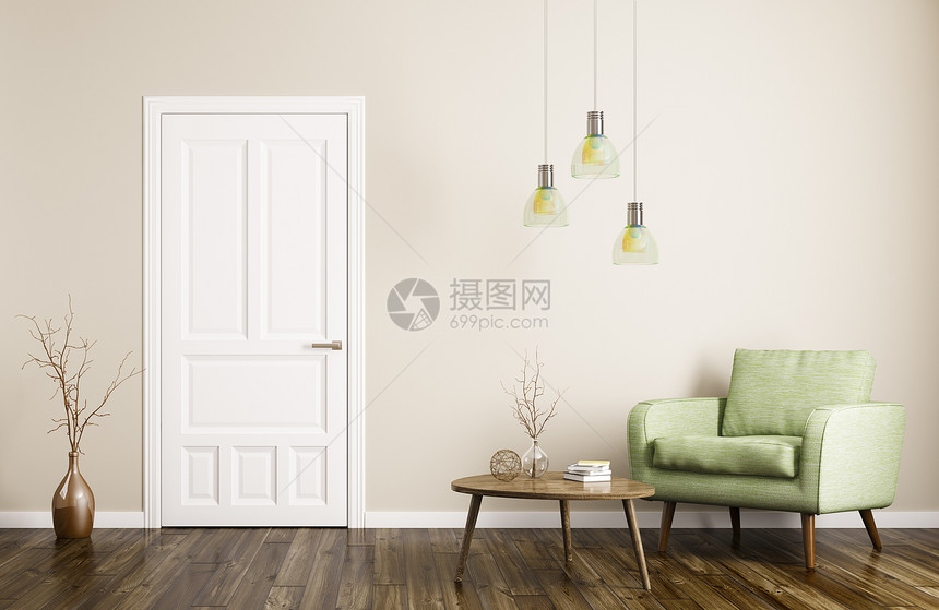 现代室内客厅与门,扶手椅茶几三维渲染图片