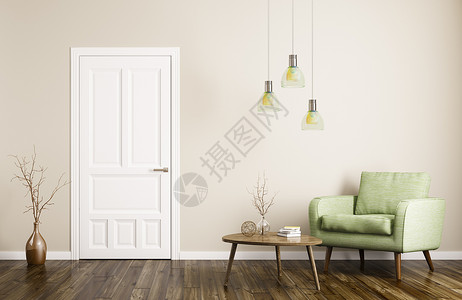 现代室内客厅与门,扶手椅茶几三维渲染图片
