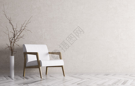 客厅内部白色扶手椅树枝上的灰泥墙三维渲染图片