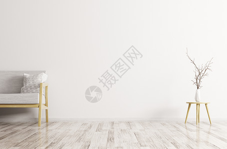现代室内客厅白色沙发,花瓶与树枝三维渲染背景图片