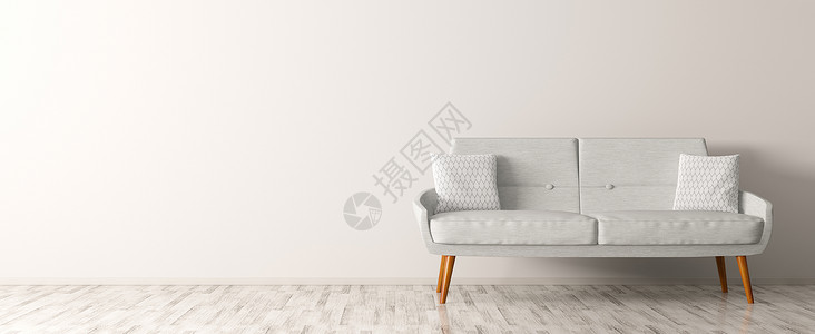 现代室内客厅与白色沙发全景三维渲染背景图片