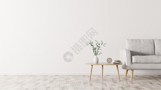 灰色三角客厅内部木制三角茶几灰色沙发,斯堪的纳维亚风格,3D渲染背景