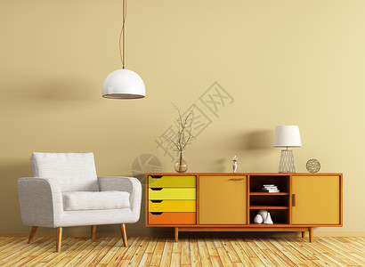 现代室内客厅与木制梳妆台白色扶手椅3D渲染图片