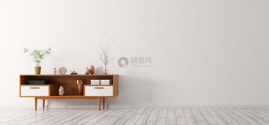 现代室内客厅与木制橱柜三维渲染图片