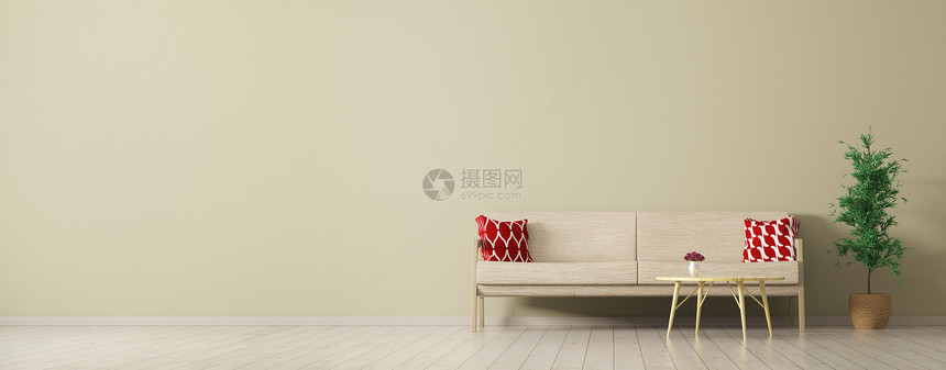 现代室内客厅与米色沙发,茶几植物全景三维渲染图片