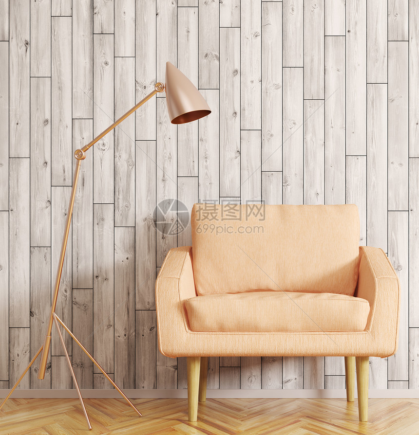现代客厅内部与扶手椅落地灯木墙上的拼花3D渲染图片