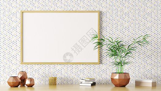 空白模拟海报框架墙上的木架上与植物花瓶,室内装饰三维渲染图片