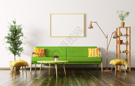 现代室内客厅与绿色沙发,咖啡桌,植物3D渲染图片