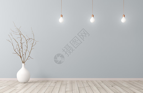 空房间内部背景,白色花瓶与树枝木地板灯泡蓝色墙壁3D渲染图片