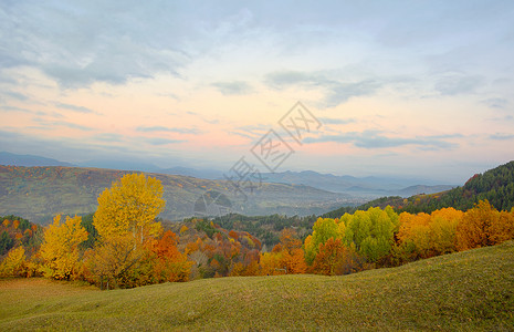 山村里五彩缤纷的秋天景观背景图片