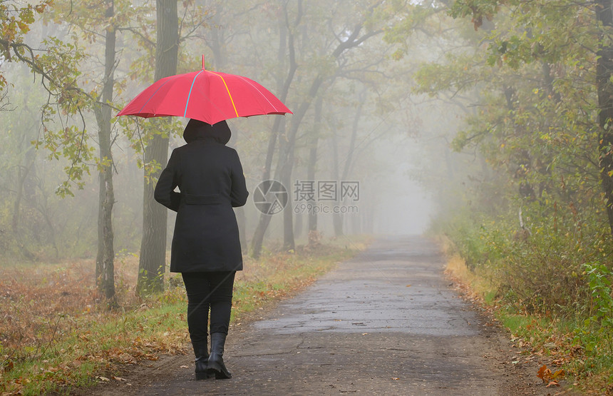 沮丧的女人带着红色的伞雾蒙蒙的森林图片