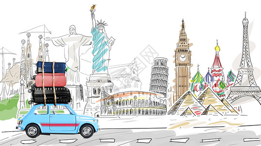 开车旅行世界各地蓝色复古玩具汽车与旅行箱驾驶的著名纪念碑图片