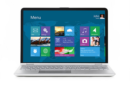 带操作系统的可换笔记本电脑可换笔记本电脑,操作系统接口屏幕上隔离白色背景上背景图片
