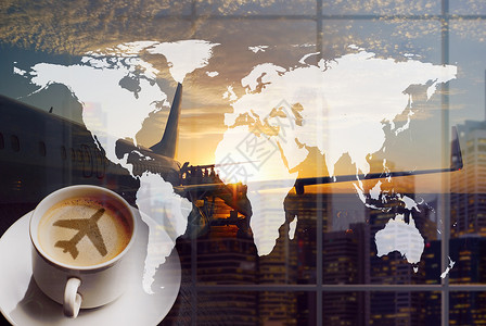 世界地图城市世界各地机场咖啡环游世界城市建筑登机队列双曝光拼贴这幅图像的元素由美国宇航局提供背景