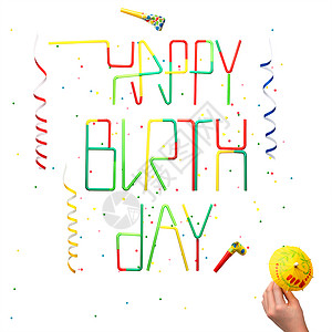 创意静物照片的生日快乐标志,由鸡尾酒吸管与纸屑蛇形隔离白色图片