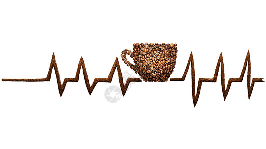 创意静物照片的咖啡杯脉冲线疯狂的咖啡豆白色背景图片