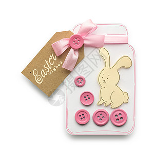 粉红色按钮标签创意复活节照片的兔子个瓶子与按钮由纸白色背景背景