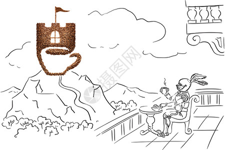 创造的静物生活的杯子与城堡的形象,由咖啡豆粗略的背景图片