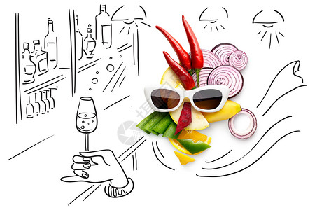 古怪的食物,立体风格的女脸太阳镜酒吧由水果蔬菜,孤立粗略的背景图片