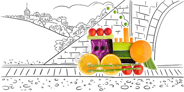 水果蔬菜的形状火车头,隔离白色上图片