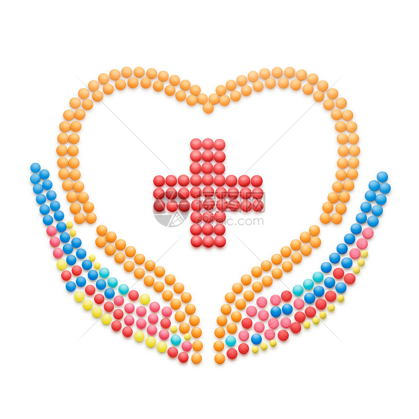 创造的医疗保健,由药物药丸,隔离白色医疗药房交叉符号图片