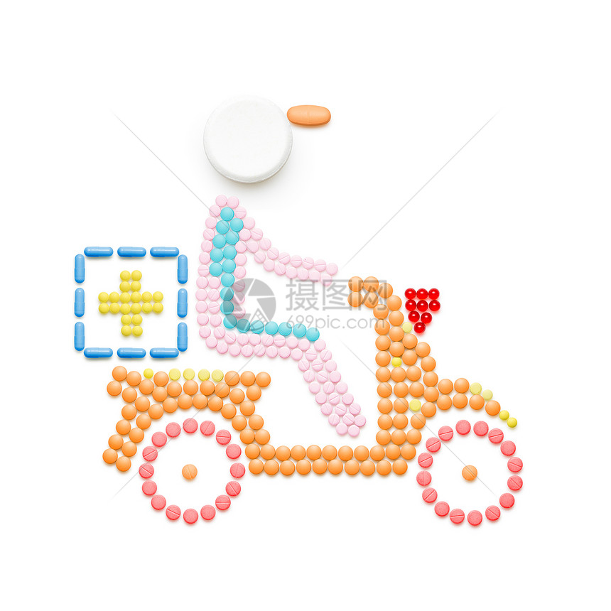 创造的医学保健由药丸,药物摩托车运送,隔离白色图片