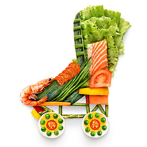健康食品的四轮溜冰鞋,由新鲜蔬菜水果充满维生素,隔离白色图片