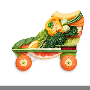 健康食品的四轮溜冰鞋,由新鲜蔬菜水果充满维生素,隔离白色图片