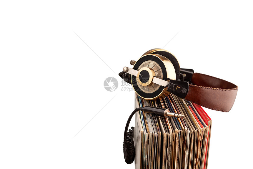 复古耳机专业音频与老式乙烯基记录图片