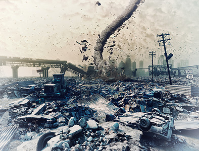 破坏龙卷风城市废墟龙卷风灾难景观三维插图背景