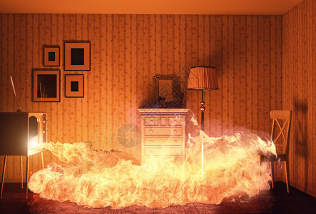 电视爆炸素材电视里的火中燃烧的房间三维创意背景