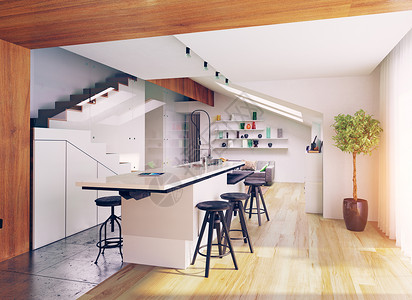 现代阁楼厨房内部三维插图图片