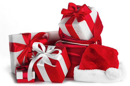 白色的诞礼物红色诞老人包,诞礼物,蝴蝶结诞帽,隔离白色背景上图片