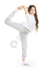 女孩伸腿小女孩伸展腿运动隔离白色背景上图片